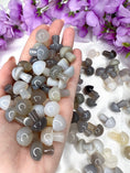Load image into Gallery viewer, Hand holds a group of white and grey agate mushrooms with a group of mushrooms scattered in the background alongside purple flowers in the top of the image.