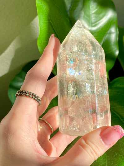 pyrite gold ring beaded beads seed bead 2mm ring dainty crystal healing jewelry. with honey optical calcite crystal tower