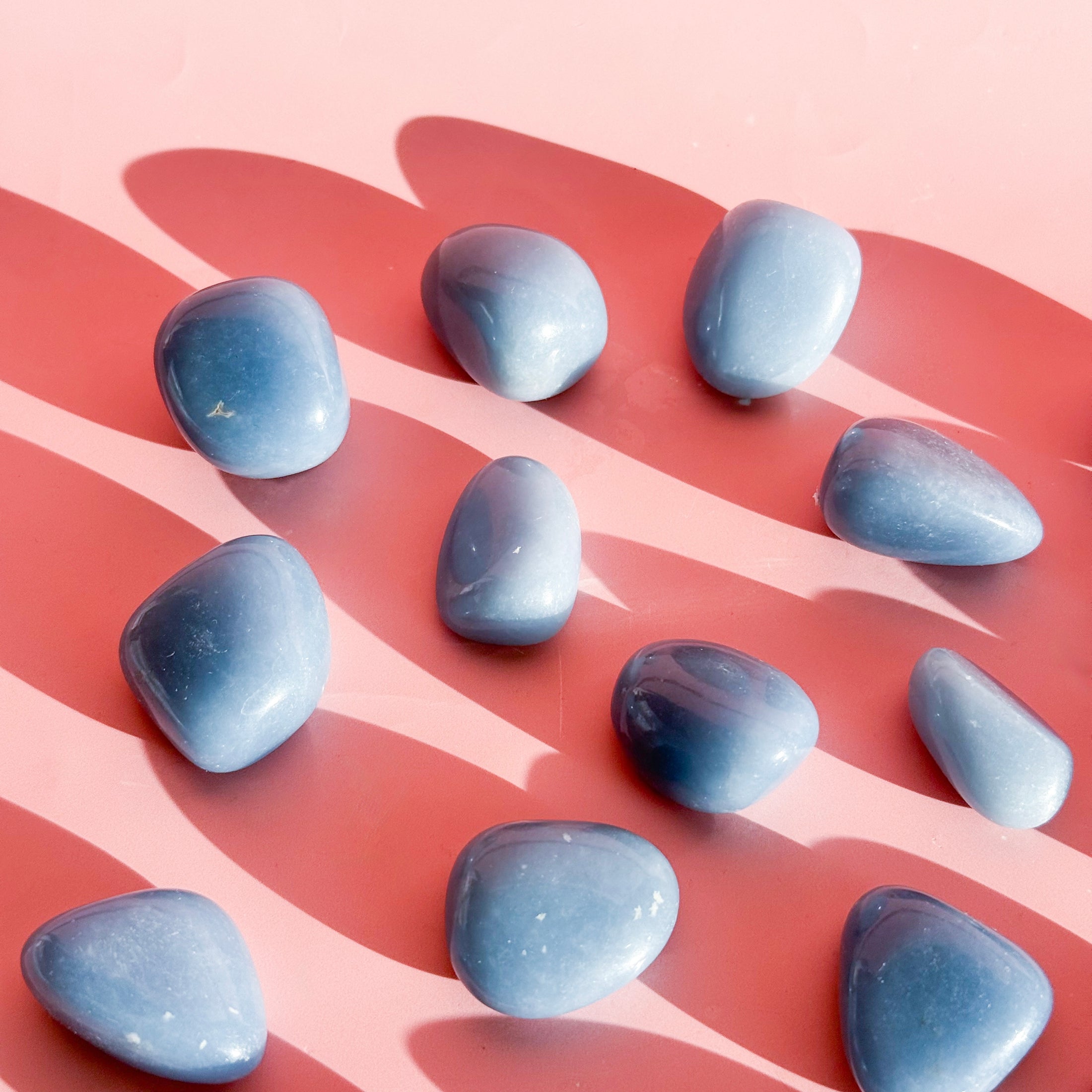 Eleven soft blue angelite tumbles lay scattered on a pink background in the center of the image