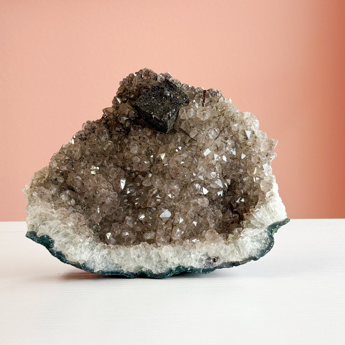 Black Amethyst Cluster with Druzy Calcite