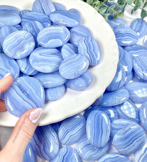 Blue lace agate high quality smooth pocket flat tumbled stone. palm stone, small palmstone. 